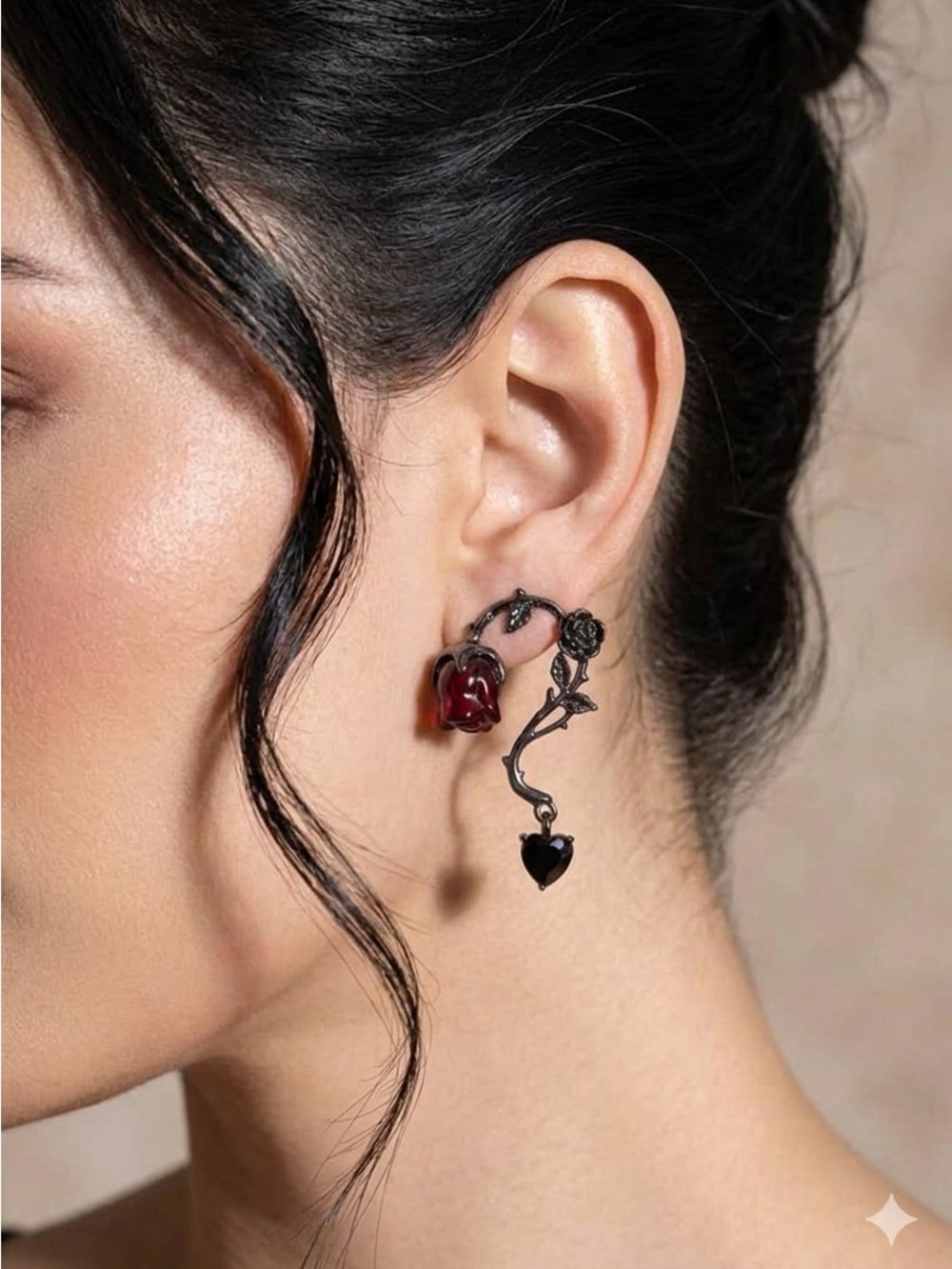 Black Rose Vine Dangle Earrings with Red Rose Accent